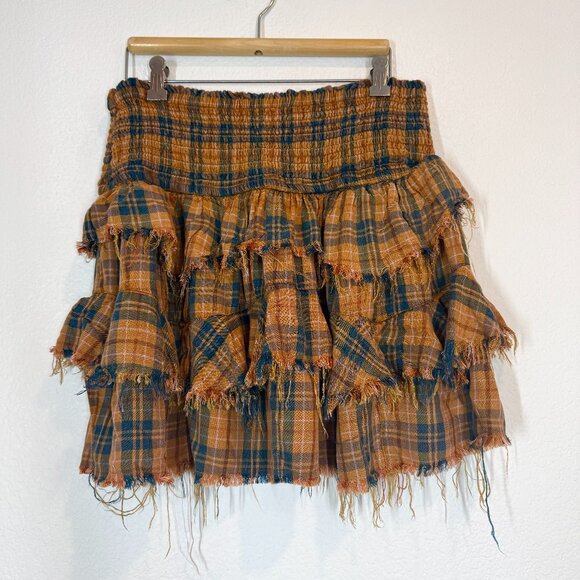 Free People Plaid Ruffle Mini Skirt Raw Frayed Edges Size Large - Picture 1 of 7